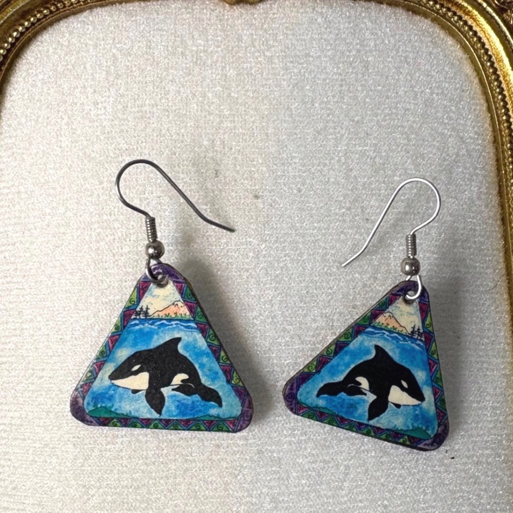 Vintage 90s Orca Killer Whale Triangle Drop Earrings Blue Nature Art Jewelry